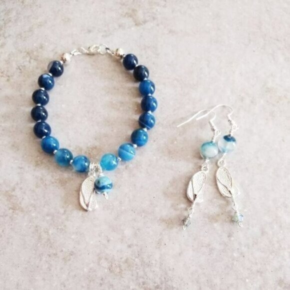 Ombre Sea Blue! Matched Bracelet + Earring Set! Silver Flip Flops & Blue Agates! - Picture 1 of 10
